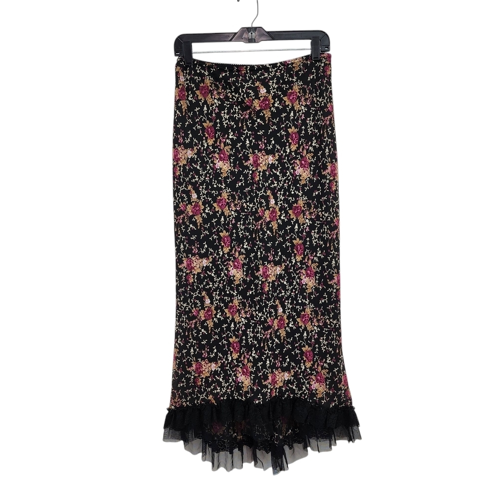 Jody California Vintage Women's Floral Black Ruffle Y2K Maxi Skirt Sz L